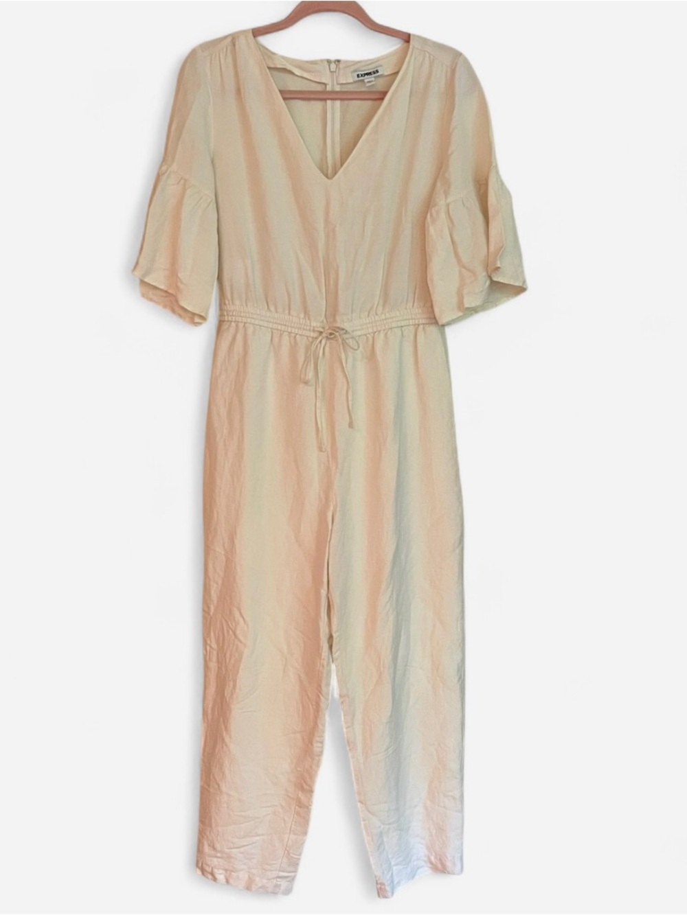 Express Cream Linen-Blend Drawstring Waist Jumpsuit